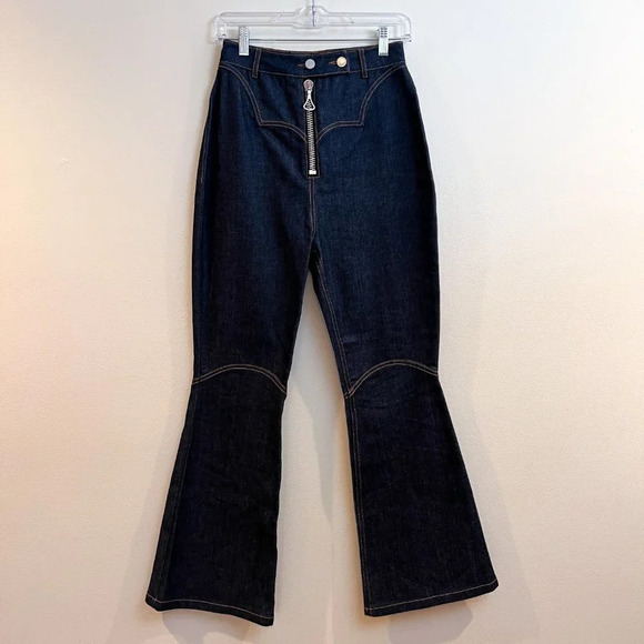 Ellery Dark Wash Denim Contrast Stitch High Waist Boho Designer Flare Jeans 27 - Picture 5 of 12